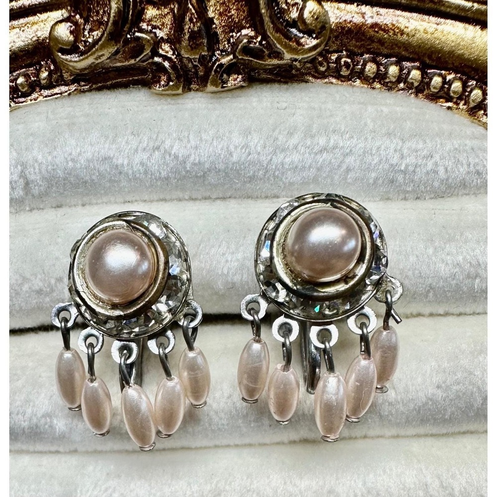 Vintage Faux Pearl Rhinestone Clip On Earrings Dangle Silver Tone Mid Century